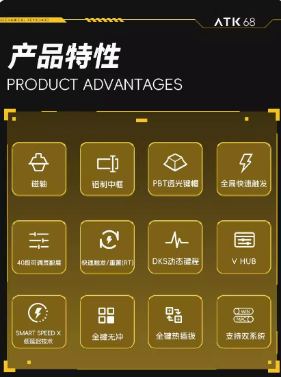 ATK68 电竞磁轴键盘 有线单模PBT透光键帽RT模式68键游戏机械键盘